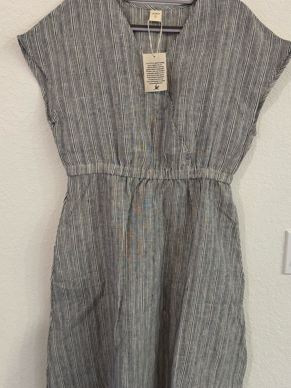 Gold Sparkle Detail Gray Striped Linen Dress by